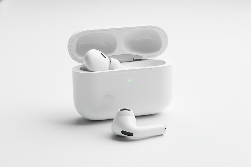 boite d'airpods 4 ouverte avec un airpods dedans et un airpods dehors