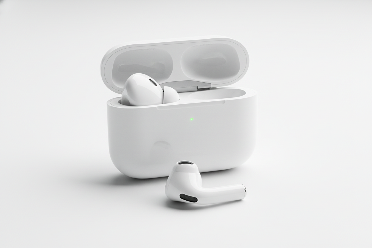 boite d'airpods 4 ouverte avec un airpods dedans et un airpods dehors